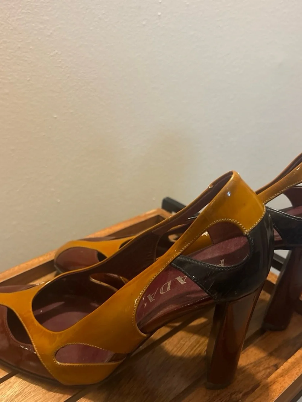 Prada Two-Tone Brown and Mustard Leather Pumps. Spring/Summer 2000s Collection